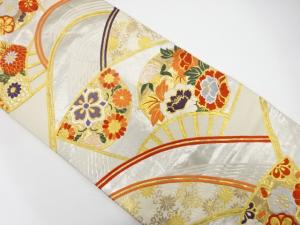 流水に扇・花模様織り出し　袋帯